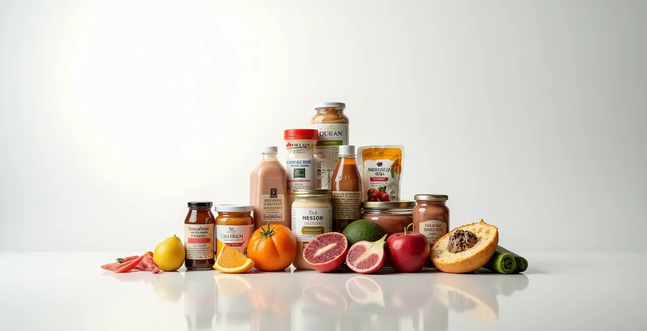 Composition minimaliste de produits québécois avec leurs labels officiels disposés en pyramide de confiance