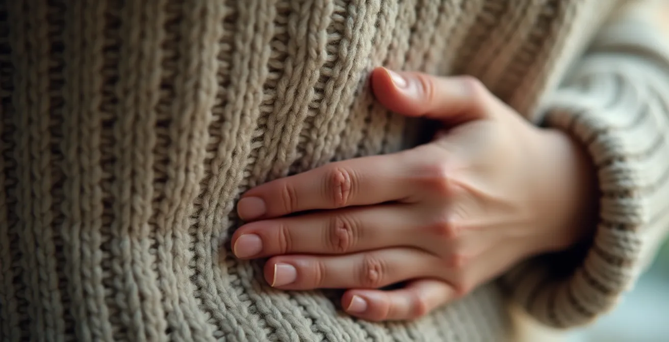 Vue macro détaillée d'une main posée sur l'estomac en geste de conscience corporelle