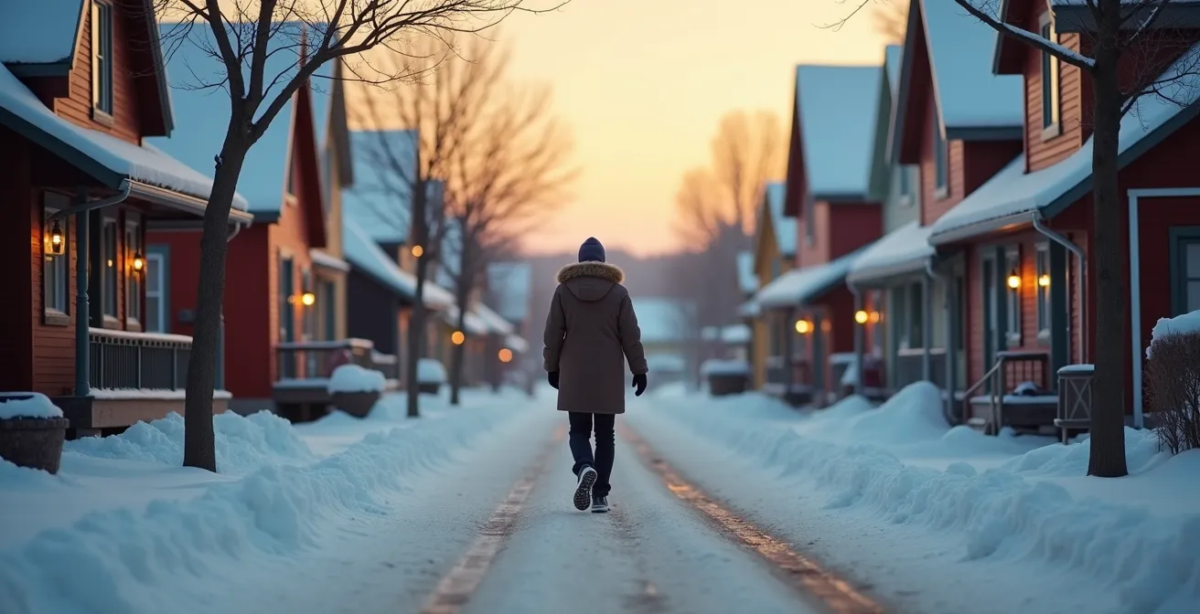 Personne seule marchant dans une rue enneigée de village québécois, maisons traditionnelles visibles