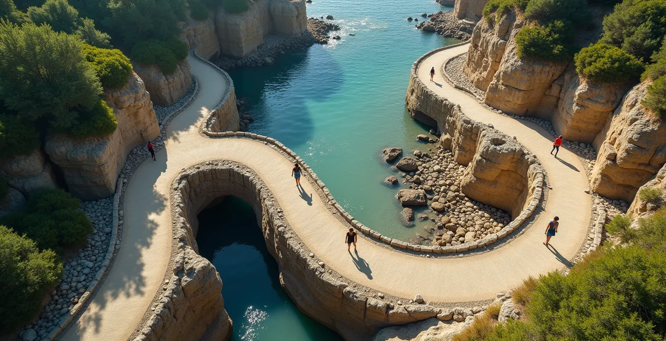 Vue aérienne d'un parcours sinueux à travers différents paysages naturels