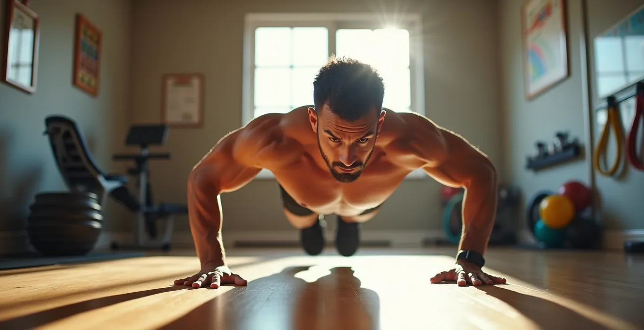 Personne effectuant des pompes parfaites dans un gymnase canadien avec tableau de progression flou en arrière-plan
