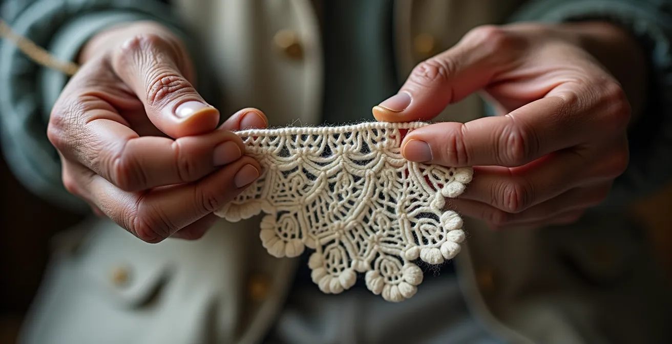 Mains expertes d'une dentellière québécoise travaillant sur une pièce de dentelle traditionnelle