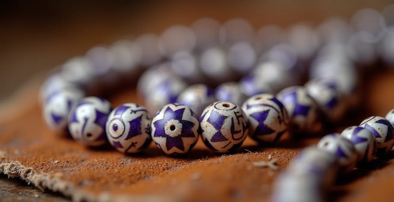 Vue macro détaillée de perles de wampum traditionnelles sur tissu naturel