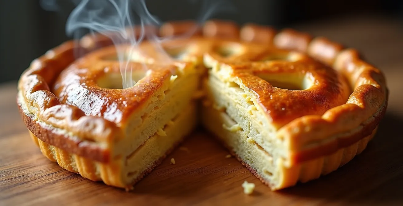 Tourtière fumante sortant d'un four à bois traditionnel avec croûte dorée et vapeur visible