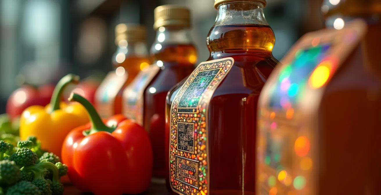 Produits alimentaires frais avec étiquettes holographiques suggérant la traçabilité numérique dans un environnement de marché moderne