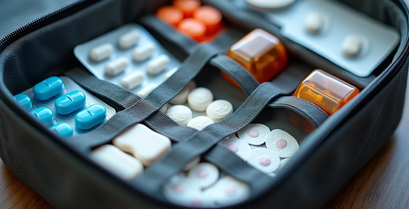 Vue macro de compartiments organisés d'une trousse médicale de voyage avec textures diverses