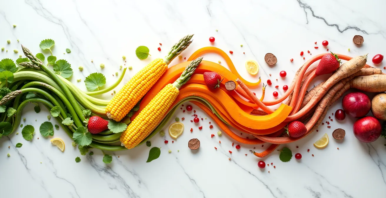 Composition artistique montrant les quatre vagues de récoltes du Québec avec leurs produits emblématiques