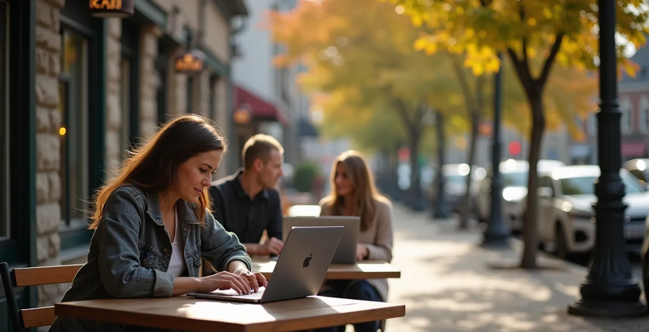 Terrasse ensoleillée d'un café dans une petite ville québécoise avec des télétravailleurs installés à des tables en bois, architecture patrimoniale en arrière-plan