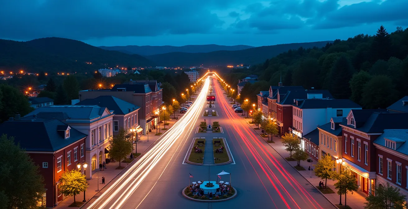 Vue aérienne d'une petite ville québécoise avec infrastructure moderne et espaces culturels
