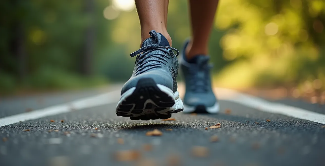 Détail macro sur la foulée d'un coureur montrant l'impact du pied