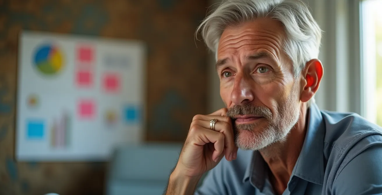 Personne réfléchissant devant des graphiques de performance déclinants avec expression contemplative