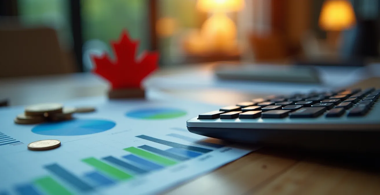 Vue macro détaillée de calculs financiers sur bureau avec calculatrice et documents d'analyse ROI