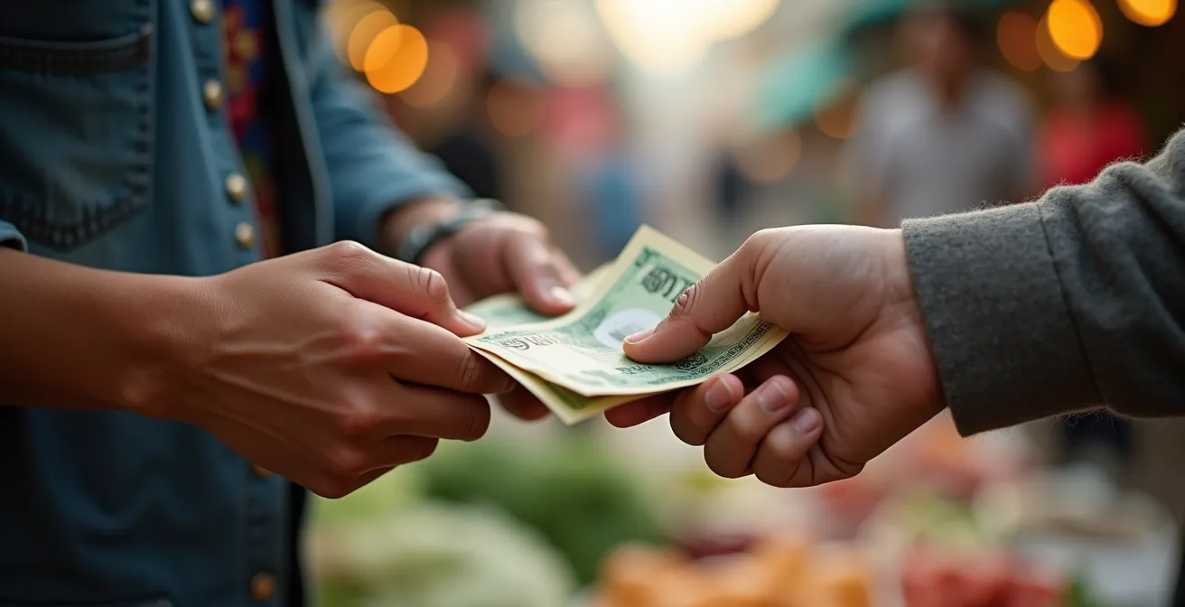 Voyageur pratiquant le vietnamien avec un vendeur au marché local