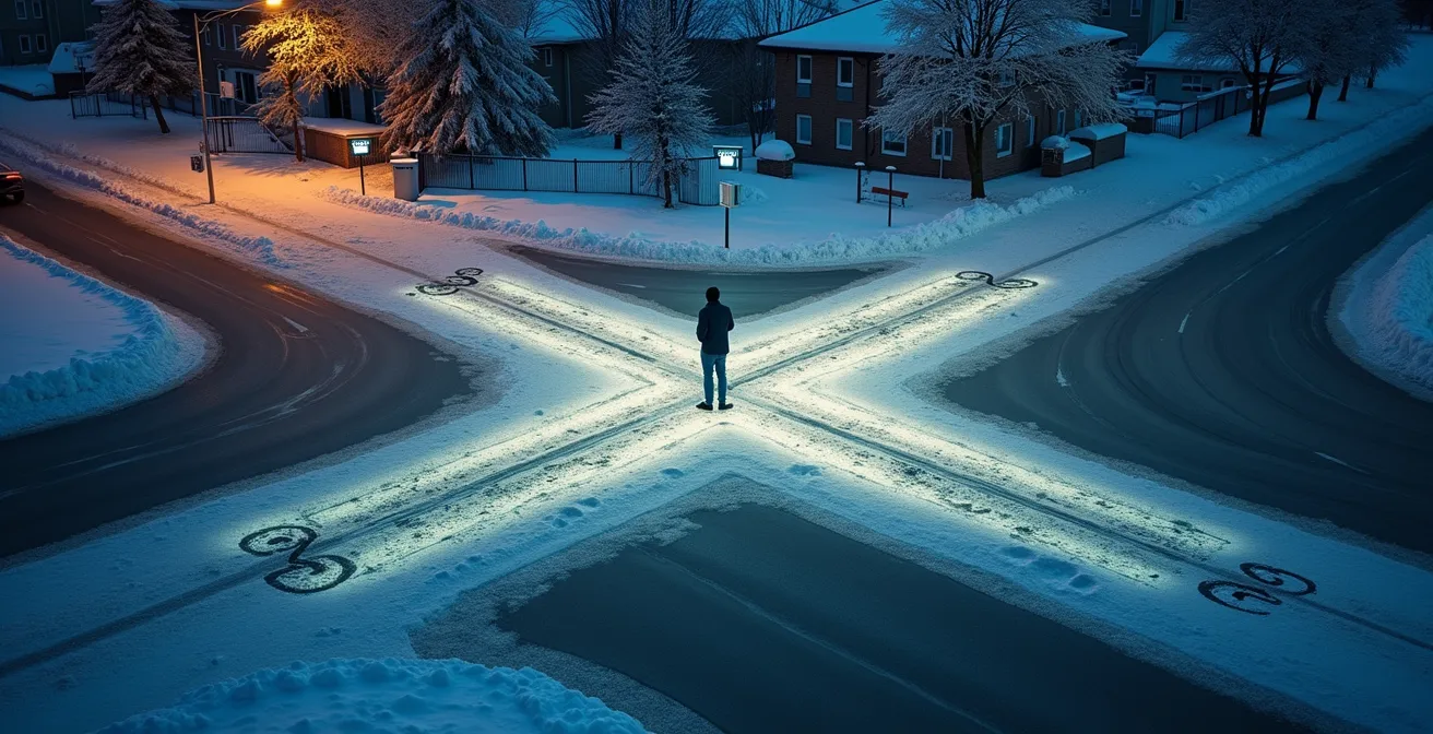 Diagramme décisionnel symbolisant le choix entre vélo, métro et voiture dans un décor hivernal montréalais.