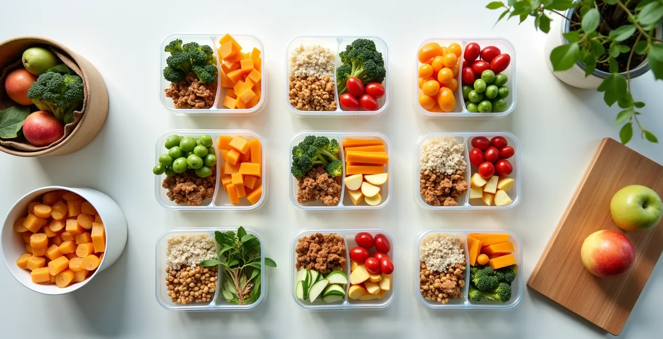 Vue aérienne d'une table avec des contenants de préparation de repas organisés selon le modèle de l'assiette équilibrée canadienne