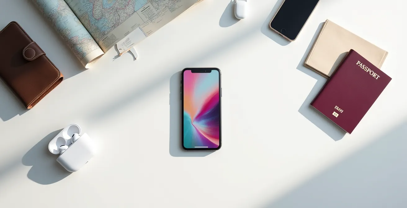 Vue aérienne d'un bureau moderne avec smartphone affichant des applications voyage et documents organisés