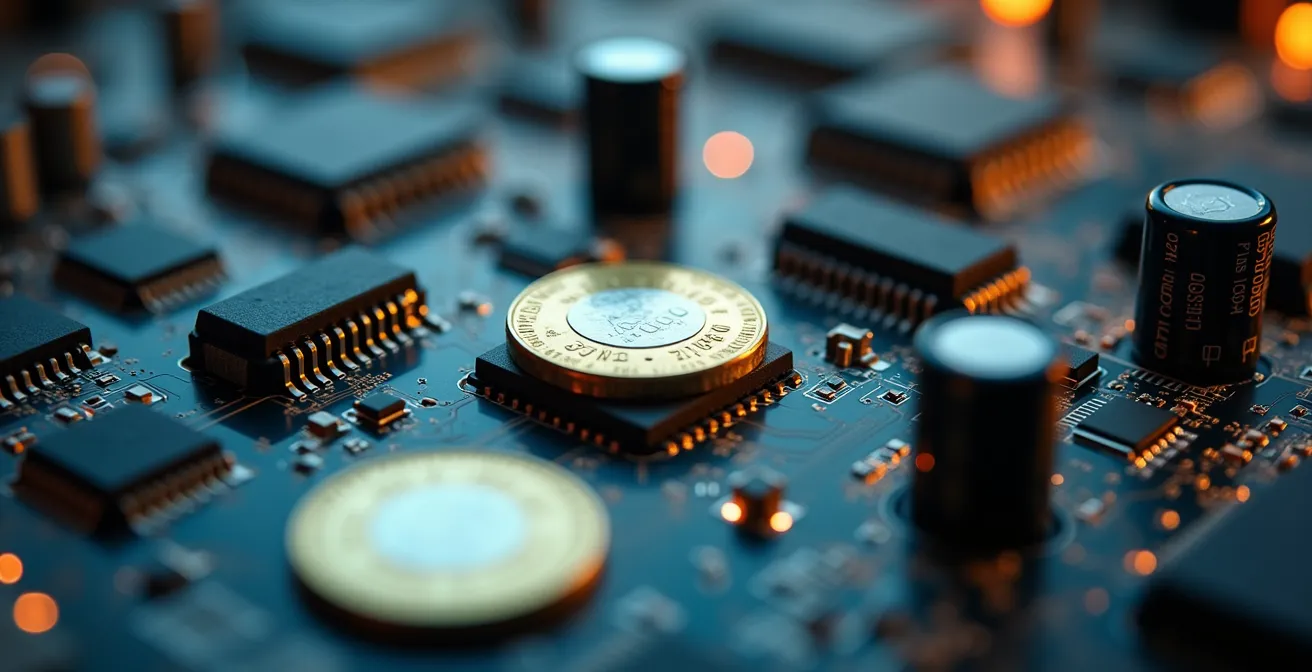 Vue macro détaillée de composants électroniques et circuits imprimés représentant l'investissement technologique