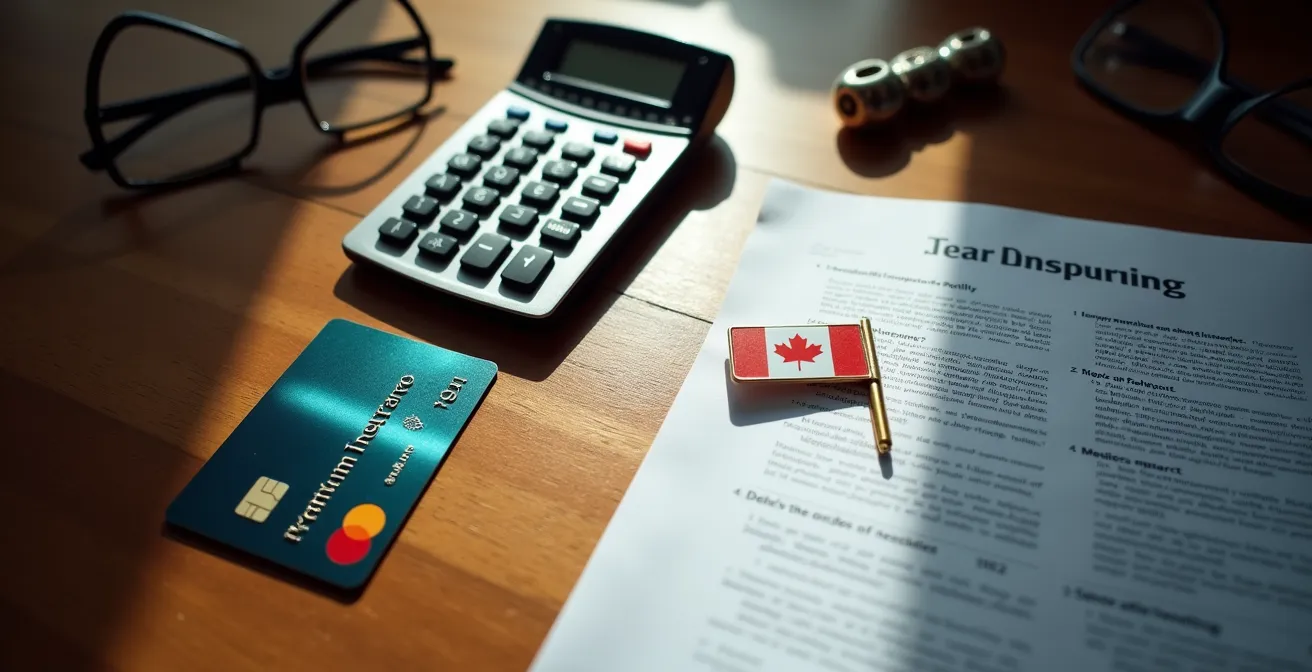 Calculatrice et carte de crédit sur table avec documents d'assurance voyage