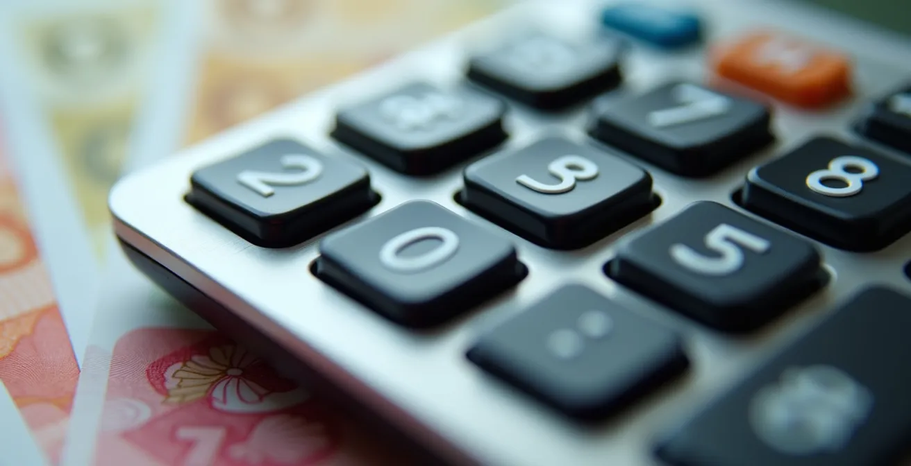 Vue macro d'une calculatrice moderne avec des billets canadiens floutés en arrière-plan