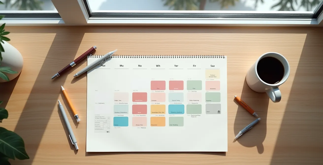 Vue en plongée d'un bureau avec calendrier papier et stylos colorés