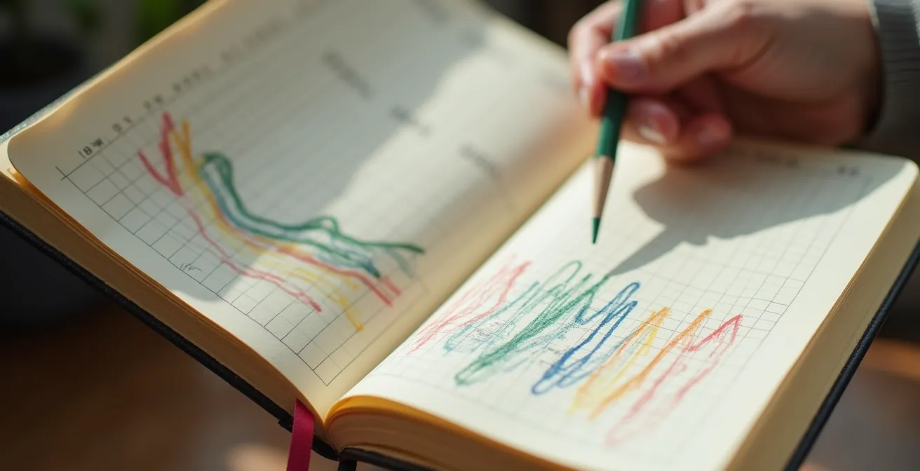 Main tenant un carnet ouvert avec des graphiques de suivi d'humeur colorés