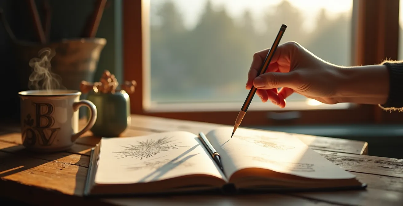 Scène matinale avec carnet de voyage ouvert près d'une tasse de café