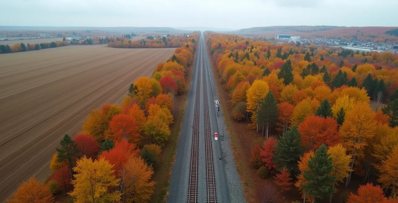 Vue aérienne du corridor ferroviaire entre Québec et Windsor avec points de ralentissement