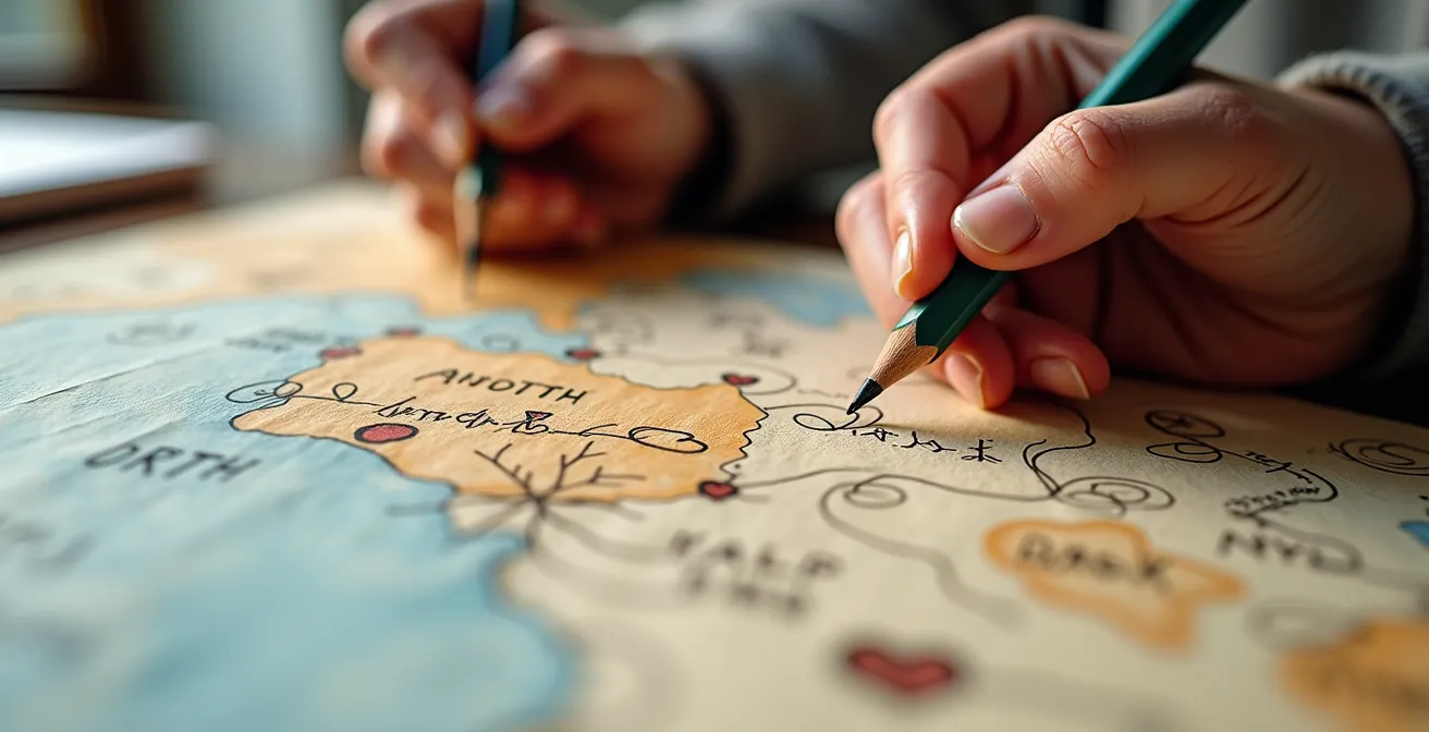 Mains créant une carte illustrée d'un voyage avec des points d'ancrage émotionnels