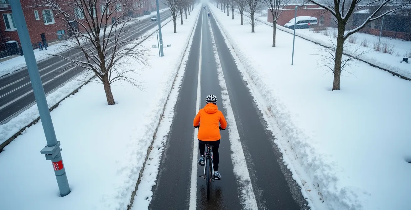 Vue aérienne d'un cycliste naviguant sur une piste cyclable déneigée du REV à Montréal en hiver