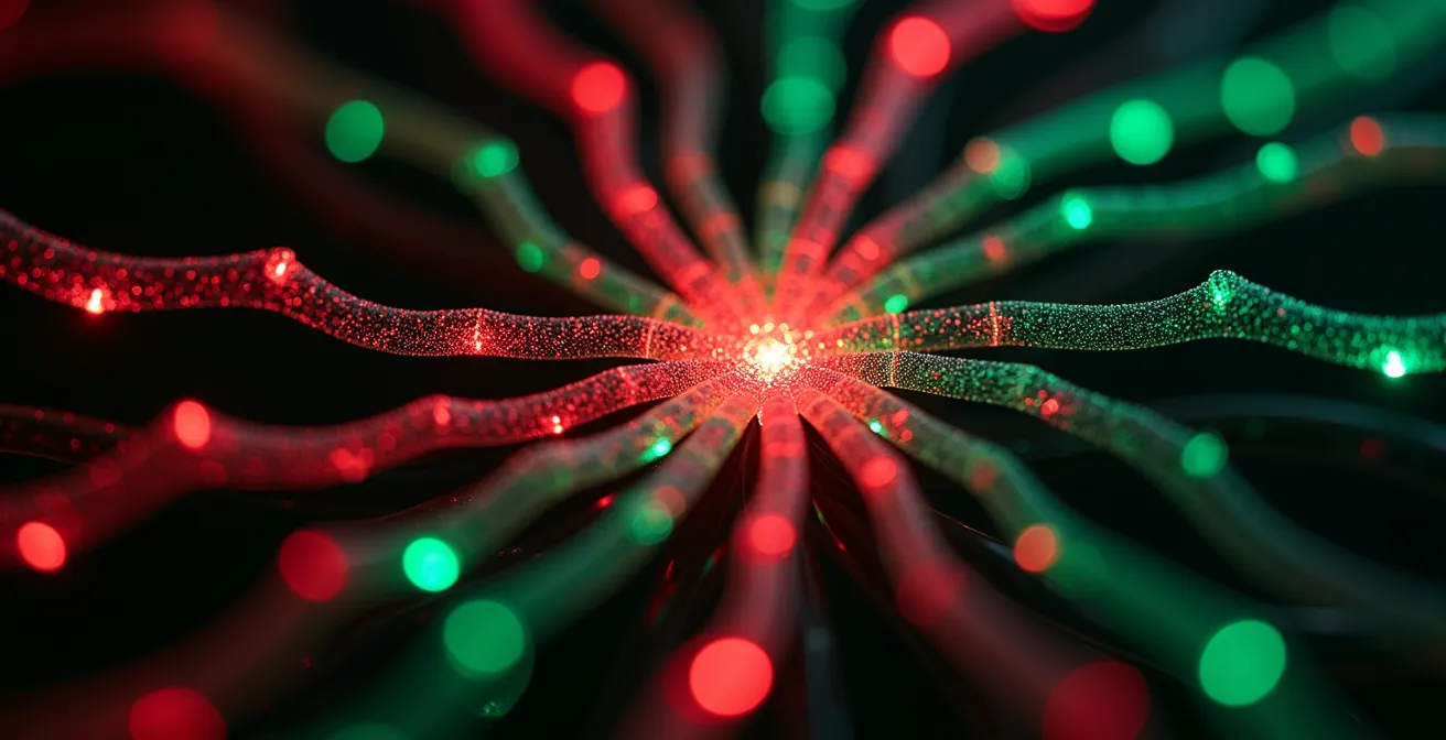 Macro photographie d'un réseau neuronal avec des connexions lumineuses rouges et vertes symbolisant les décisions d'investissement émotionnelles