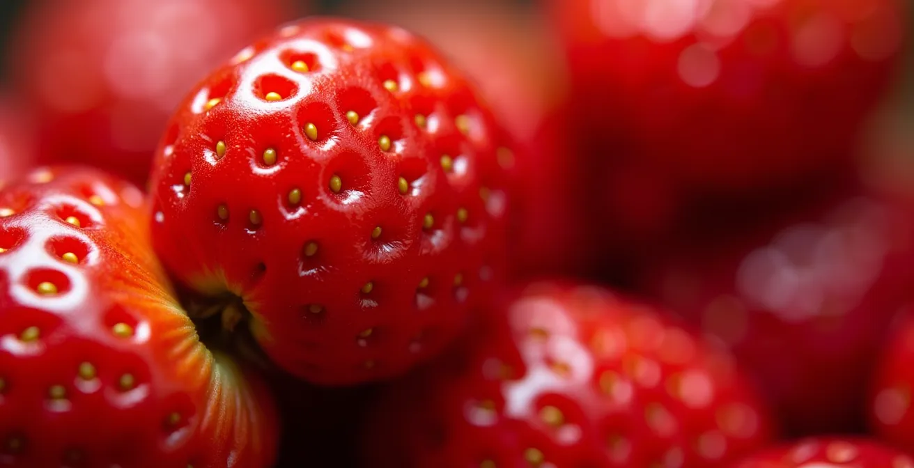 Gros plan macro sur des fraises québécoises mûres avec une texture et une brillance naturelles.