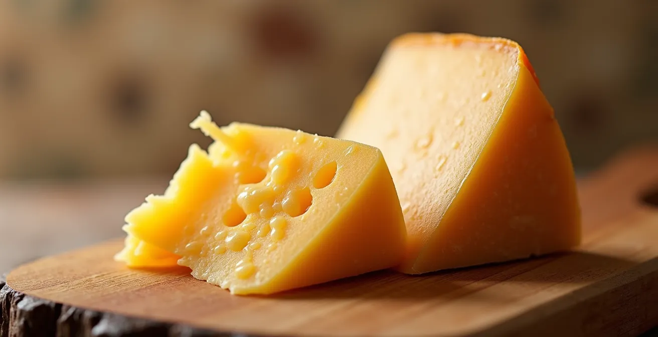 Comparaison visuelle entre fromage québécois local et fromage européen importé montrant l'empreinte transport