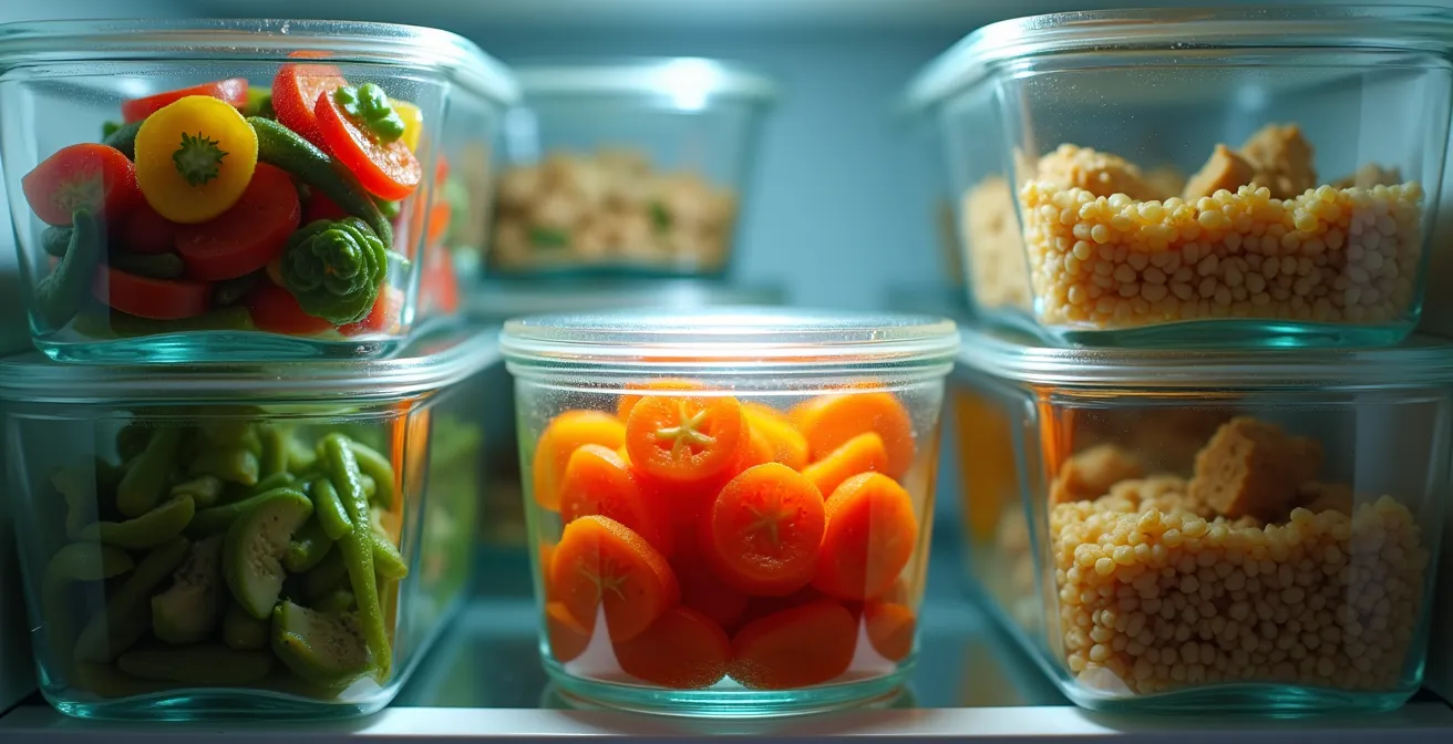 Intérieur de réfrigérateur organisé avec contenants en verre étiquetés pour le batch cooking