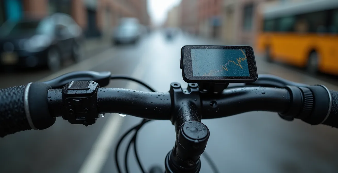 Gros plan sur guidon de vélo avec compteur montrant des données de performance dans un environnement urbain canadien