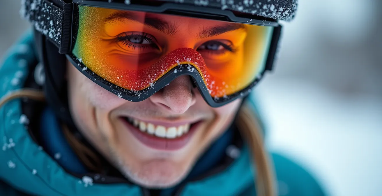 Portrait rapproché d'un cycliste souriant avec de la neige sur son casque et ses lunettes de ski