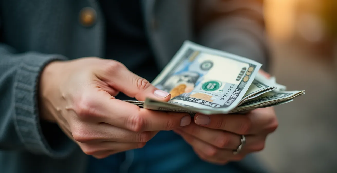 Gros plan sur des mains comptant des billets canadiens avec une calculatrice montrant 4700 $ d'économie annuelle