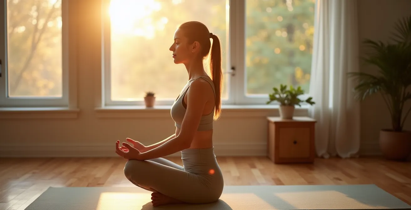 Séquence de trois postures de yoga s'enchaînant naturellement vers la méditation assise