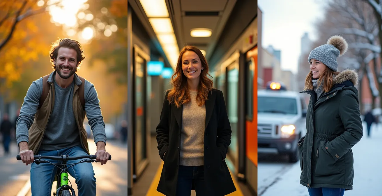 Triptyque montrant une personne passant progressivement du vélo en été, au métro en automne, à une voiture partagée en hiver.