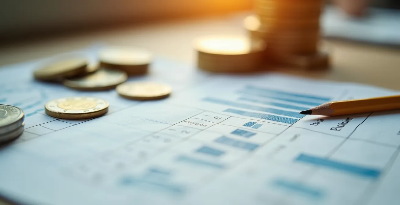 Vue macro d'une feuille de calcul budget voyage avec éléments portugais