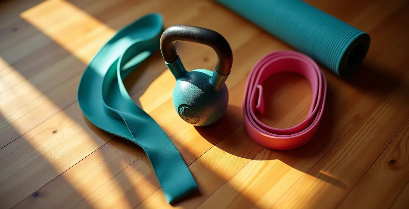 Équipement d'exercice minimaliste disposé sur un plancher de bois dans un condo canadien