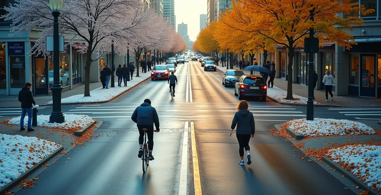 Vue aérienne d'un carrefour urbain canadien montrant différents modes de transport actif selon les saisons
