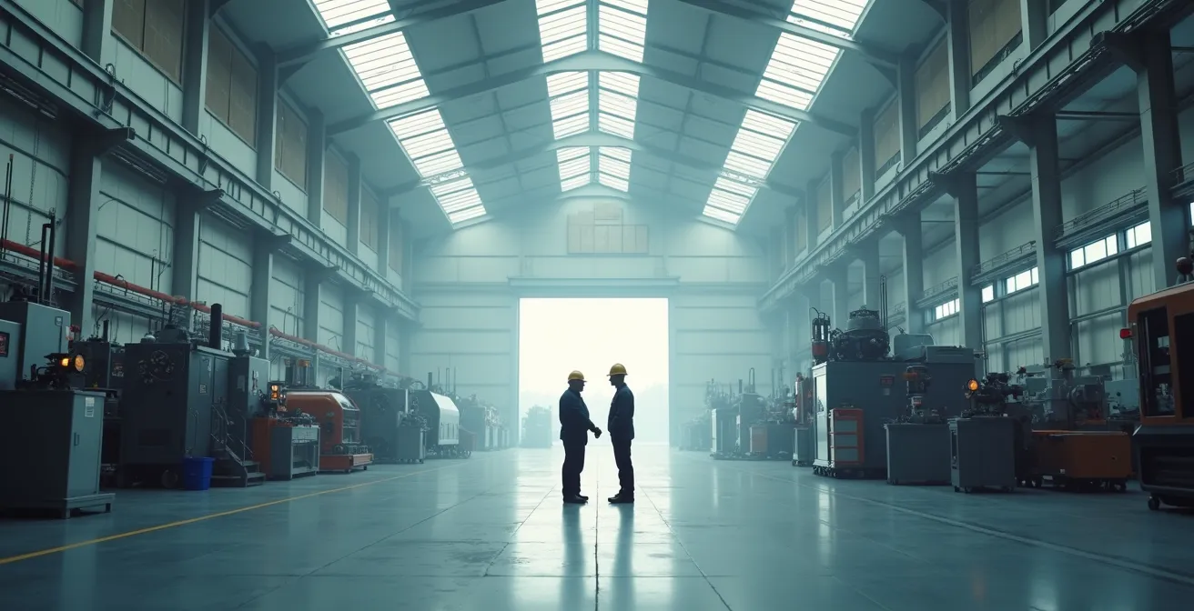 Environnement d'usine minimaliste montrant deux silhouettes d'employés en conversation dans un espace industriel lumineux