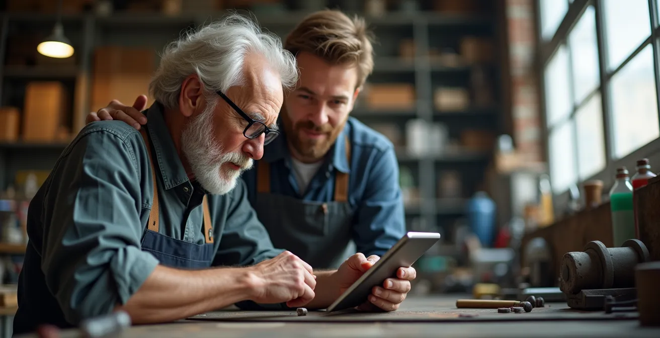 Employé senior et jeune collègue échangeant leurs expertises autour d'une machine industrielle