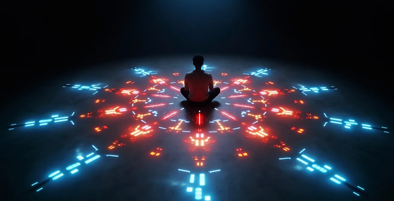 Vue aérienne d'une personne entourée de multiples sources lumineuses créant un effet de surcharge visuelle