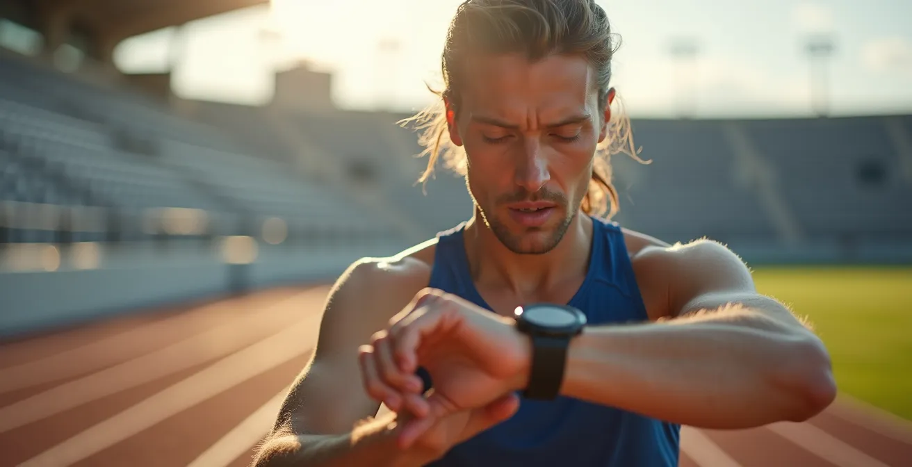 Coureur solo analysant sa montre GPS sur une piste d'athlétisme déserte