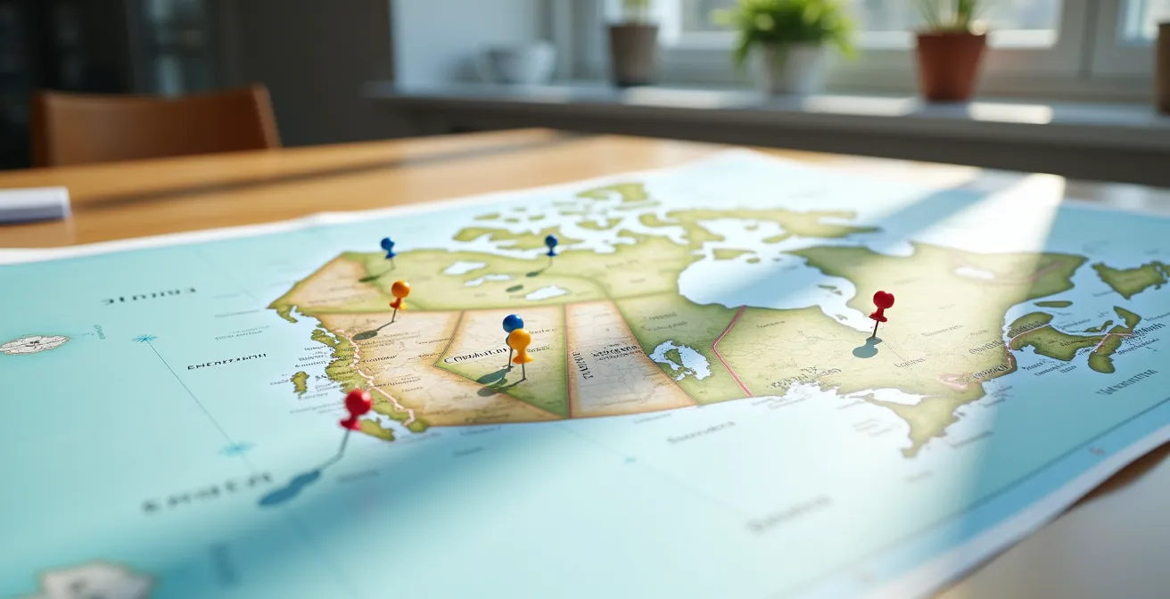 Carte du Canada avec épingles colorées montrant différents points d'intérêt et trajets flexibles