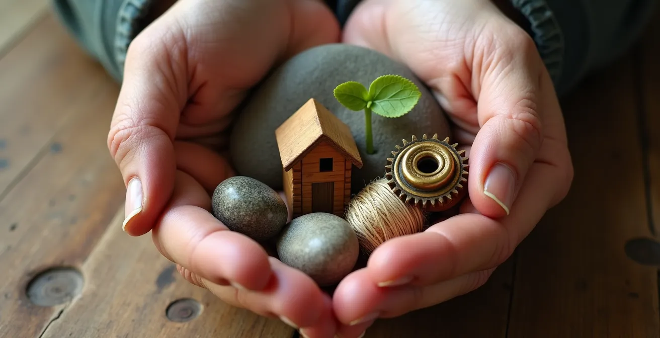 Mains tenant délicatement différents objets symbolisant les piliers de vie dans un équilibre harmonieux