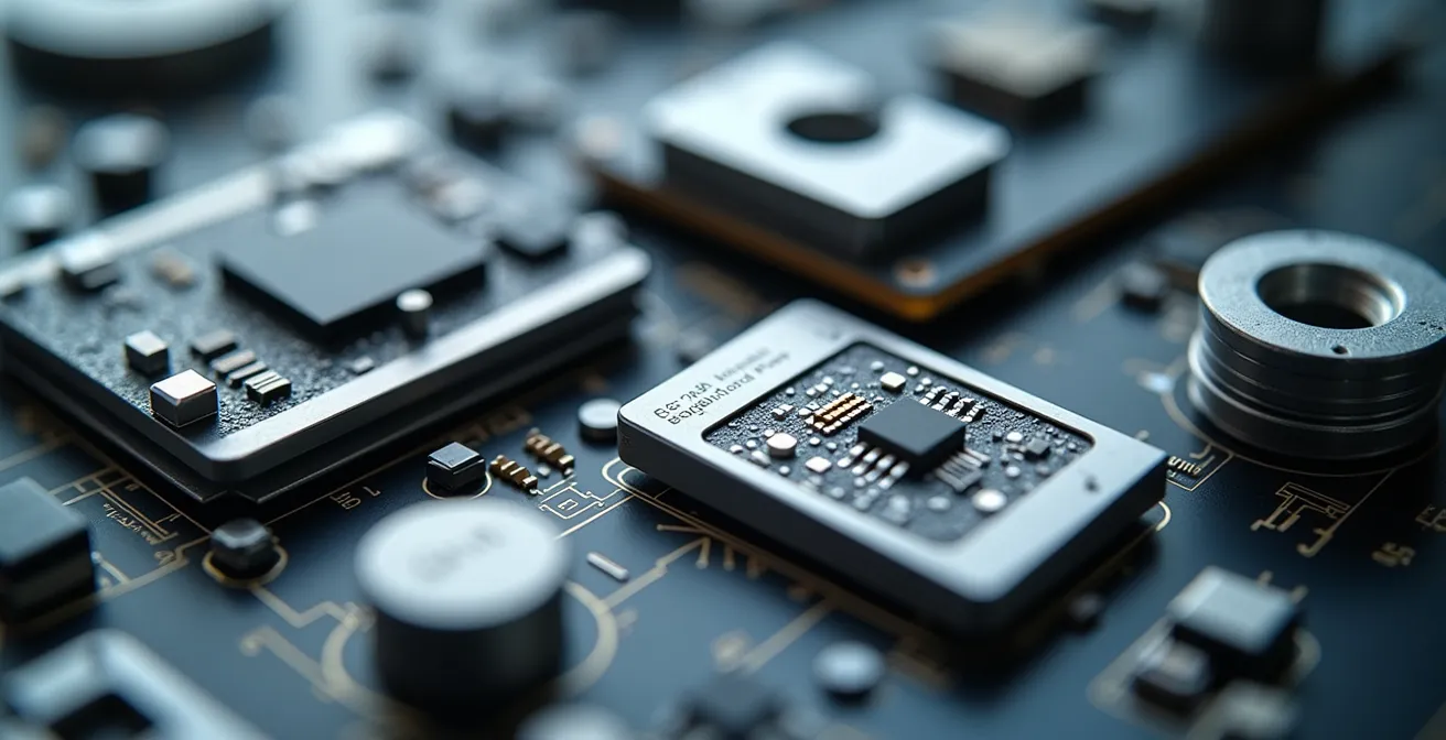 Vue macro détaillée de composants industriels organisés représentant les étapes d'un processus MVP