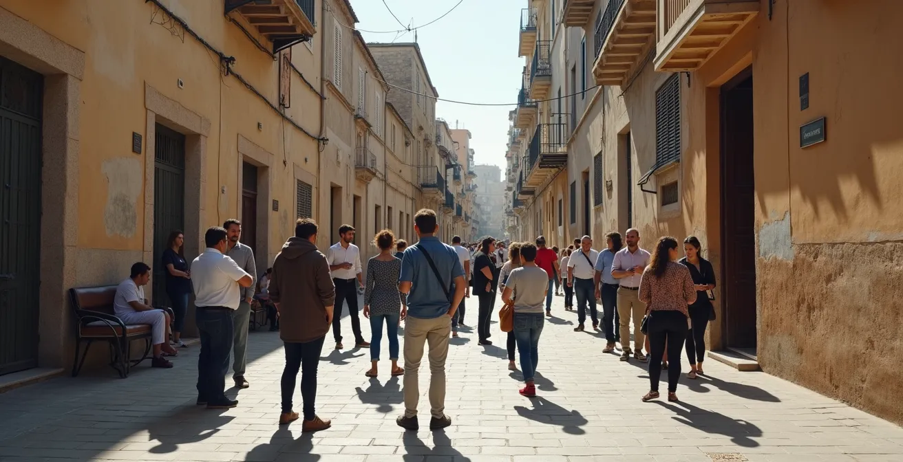 Scène de rue montrant les différences comportementales entre touristes et locaux