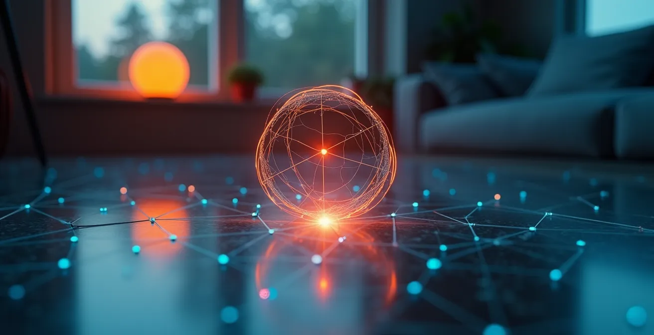 Vue minimaliste d'un intérieur moderne avec des formes géométriques abstraites représentant la connectivité et la sécurité